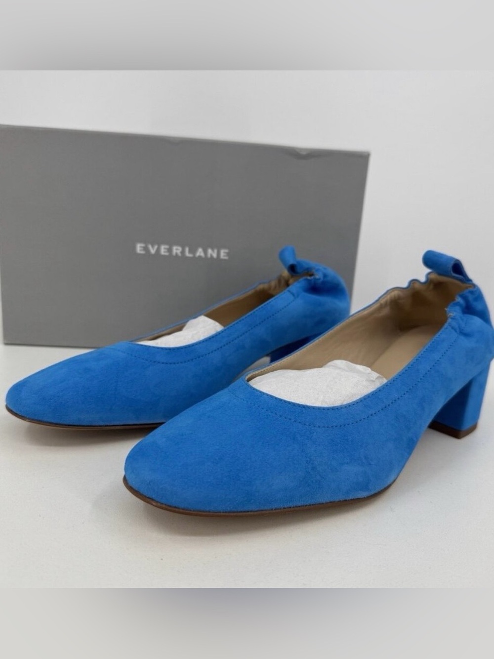 Everlane Italian Suede Day Heel Brilliant Blue 7 Women's Elastic Back Comfort